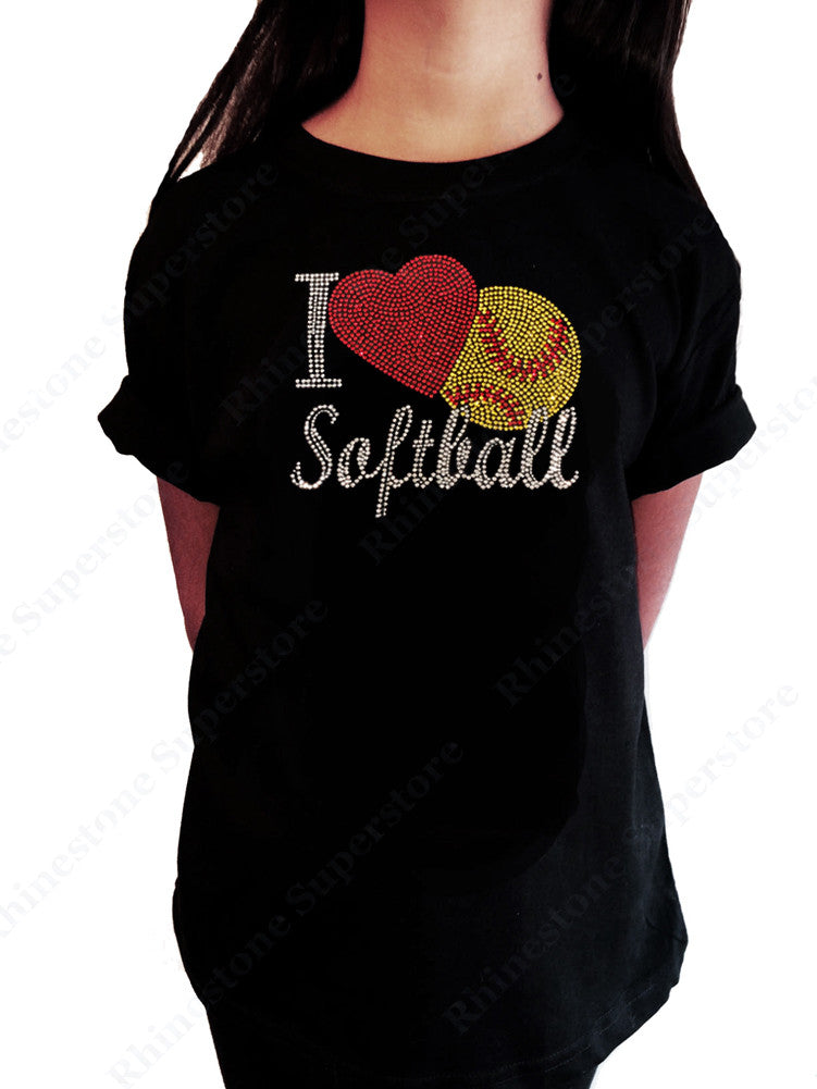Girls Rhinestone T-Shirt " I Love Softball " Kids Size 3 to 14 Available