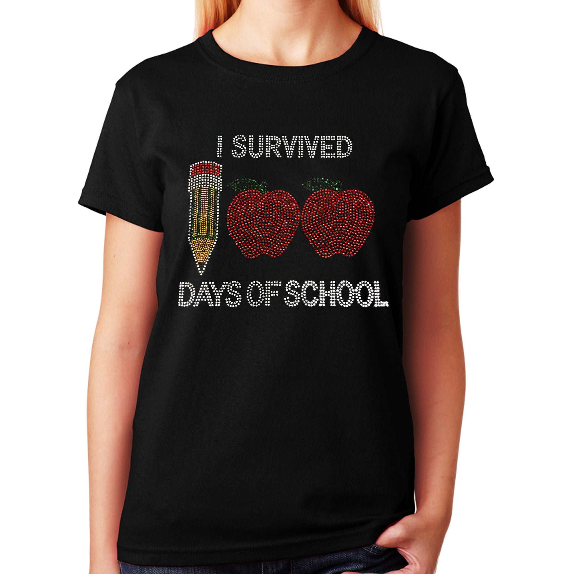 Women's / Unisex T-Shirt with I Survived 100 Days of School in Rhinestones