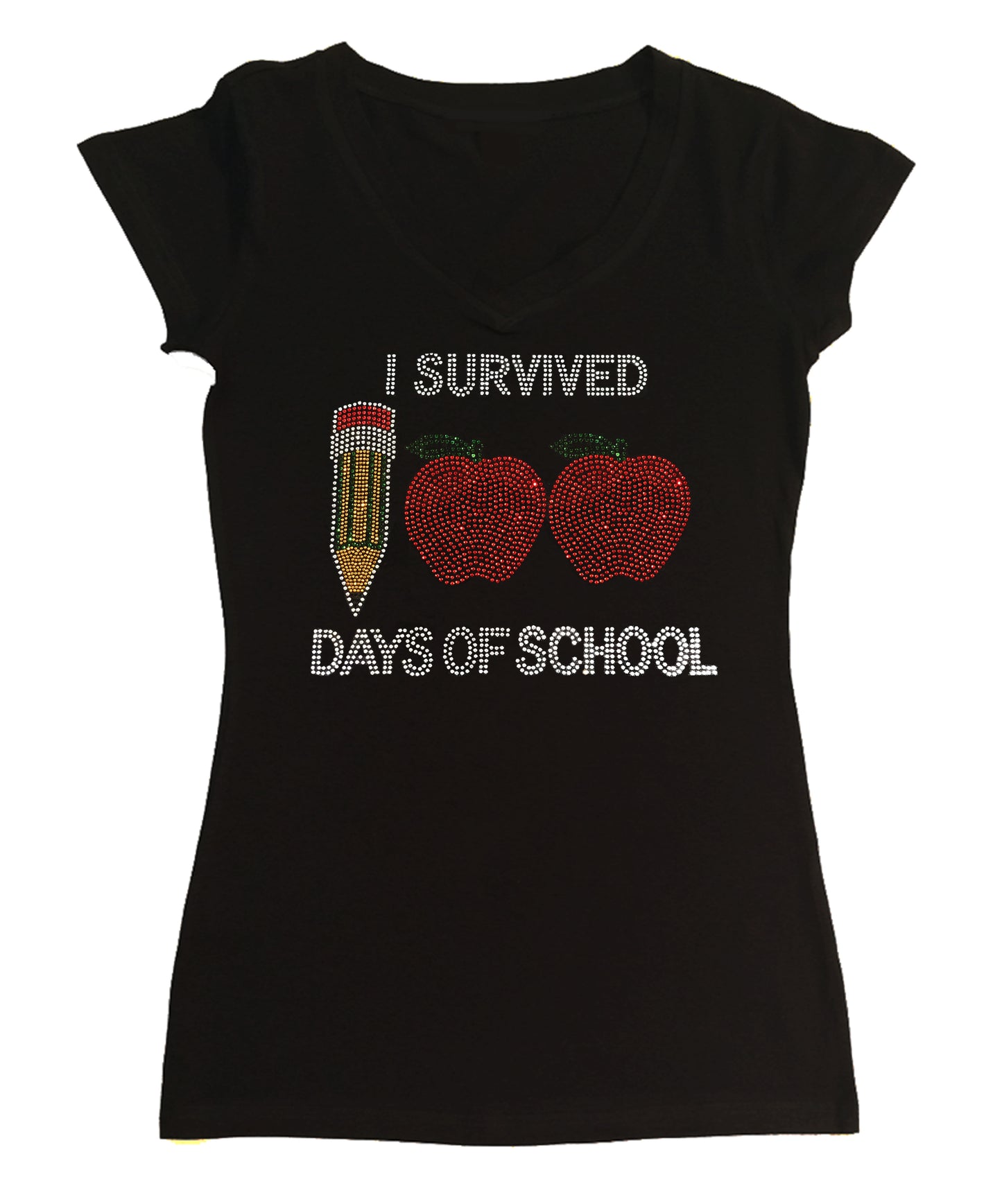 Womens T-shirt with I Survived 100 Days of School in Rhinestones