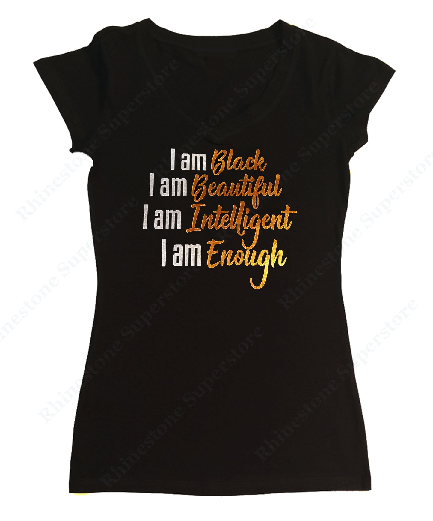Womens T-shirt with I am Black I am Beautiful in Foil Print