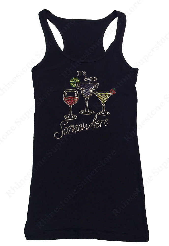 Womens T-shirt with It's 5 O'Clock Somewhere with Wine, Margarita and other Drinks Cups in Rhinestones
