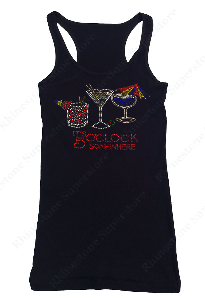 Womens T-shirt with It's 5 O'clock Somewhere in Rhinestones
