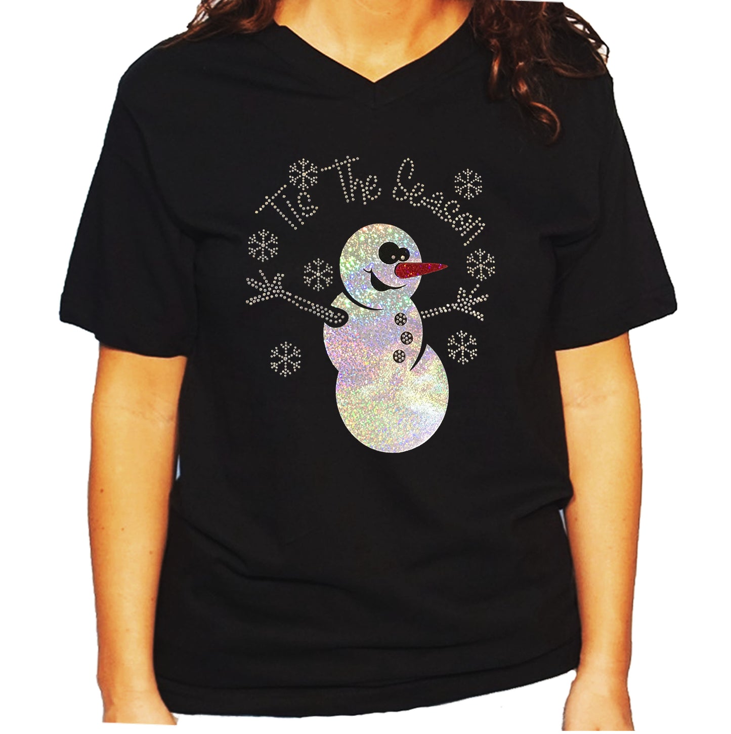 Women's / Unisex T-Shirt with It's the Season Snowman in Rhinestones
