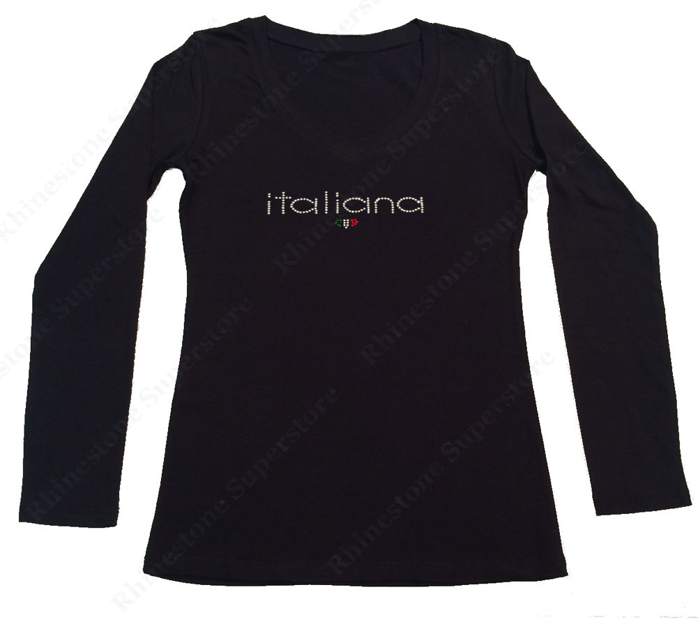 Womens T-shirt with Italiana in Rhinestones