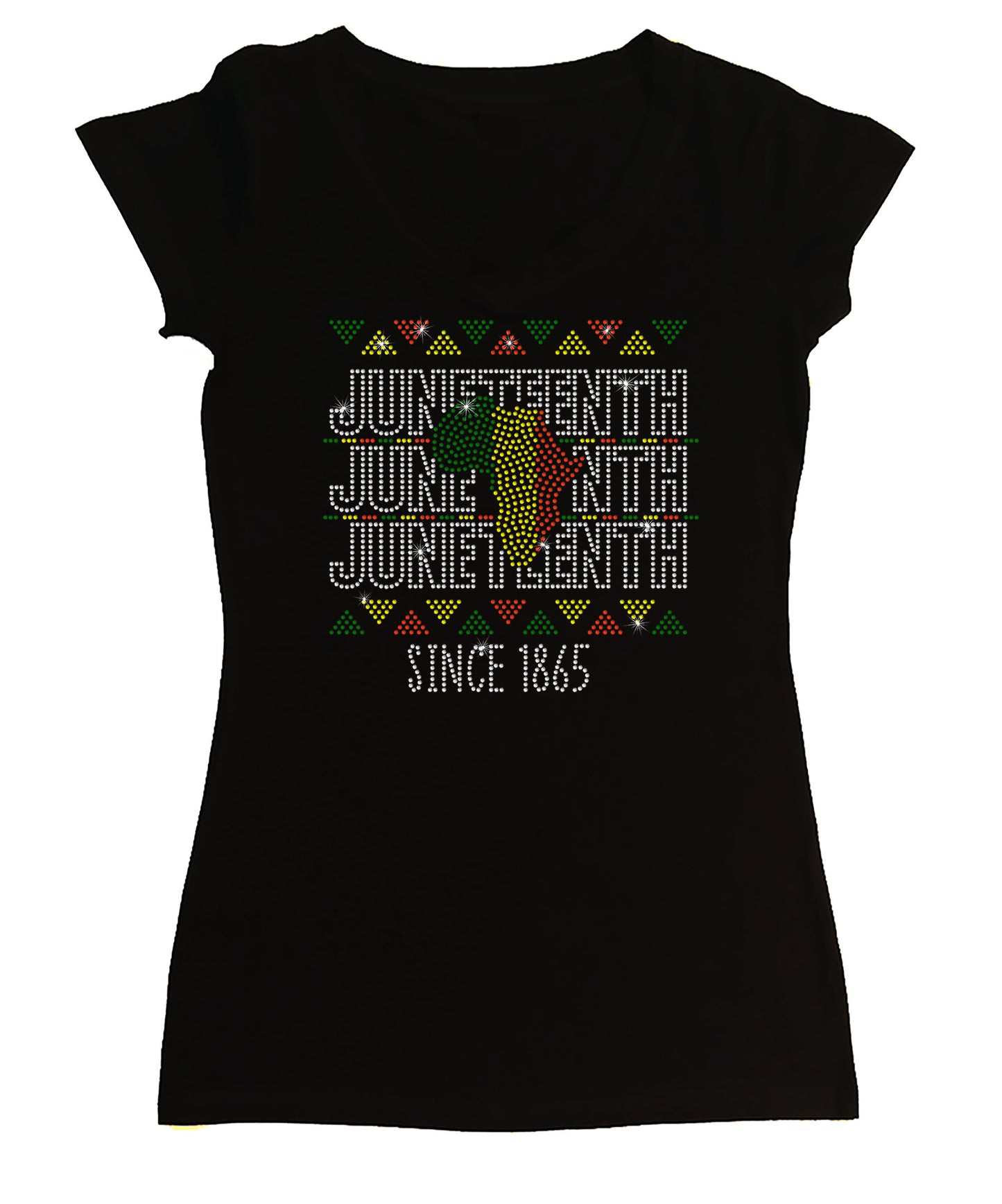 Women's Rhinestone Fitted Tight Snug Juneteenth Since 1865 - with African Colors, Rhinestone Juneteenth Shirt