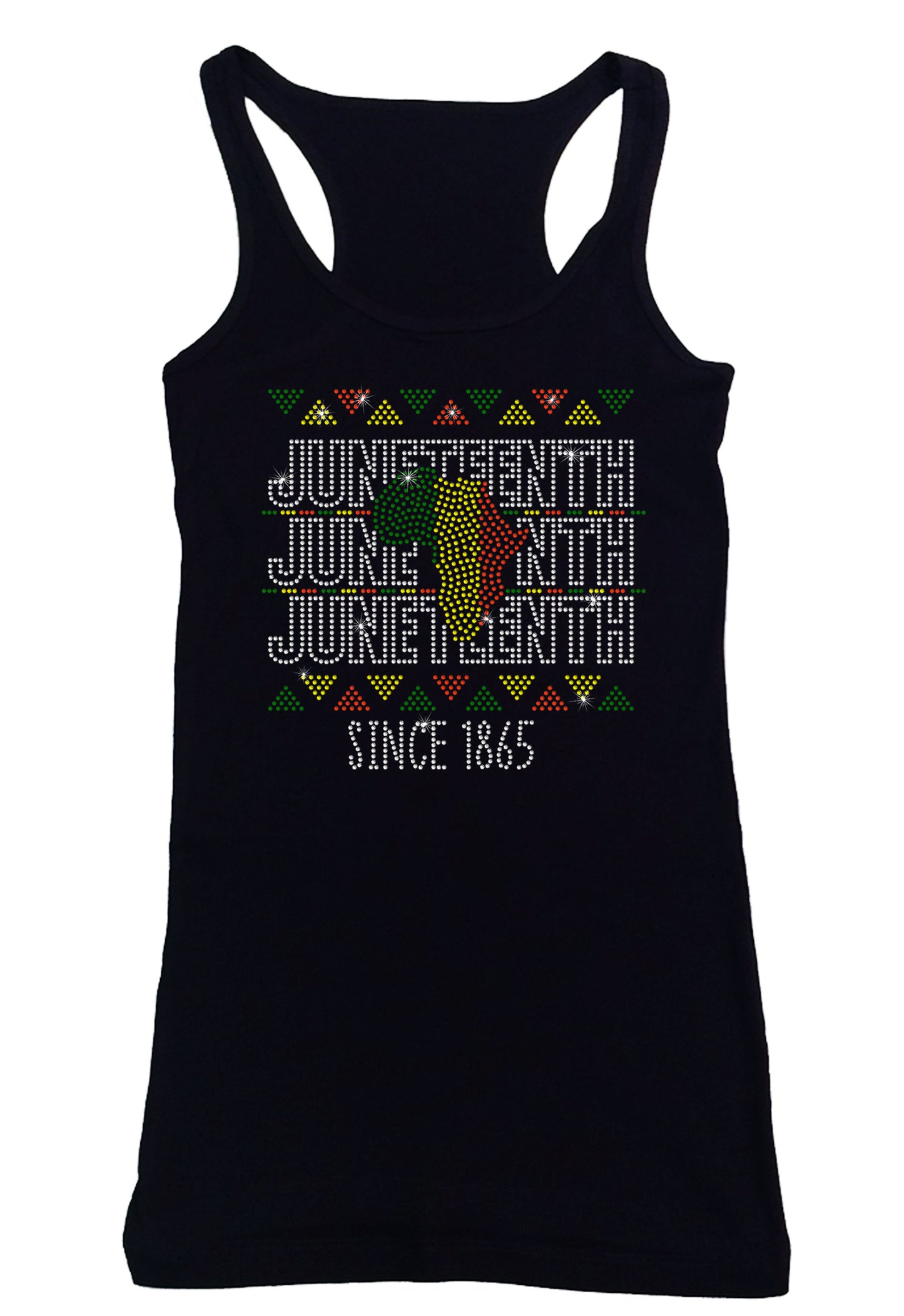 Women's Rhinestone Fitted Tight Snug Juneteenth Since 1865 - with African Colors, Rhinestone Juneteenth Shirt