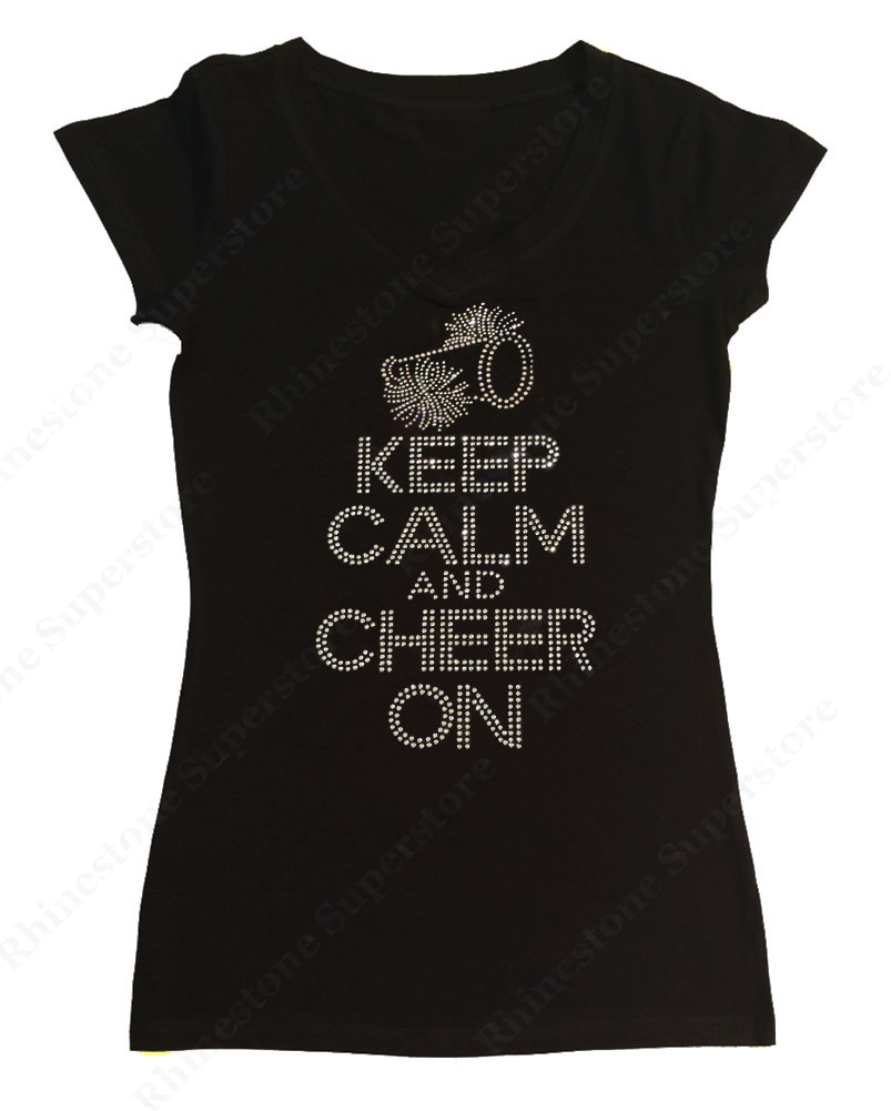 Womens T-shirt with Keep Calm and Cheer On in Rhinestones