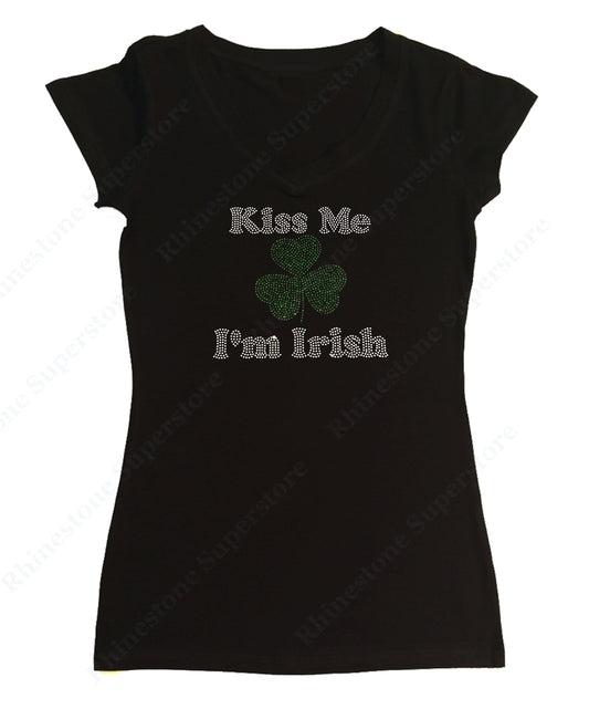 Womens T-shirt with Kiss Me I'm Irish in Rhinestones