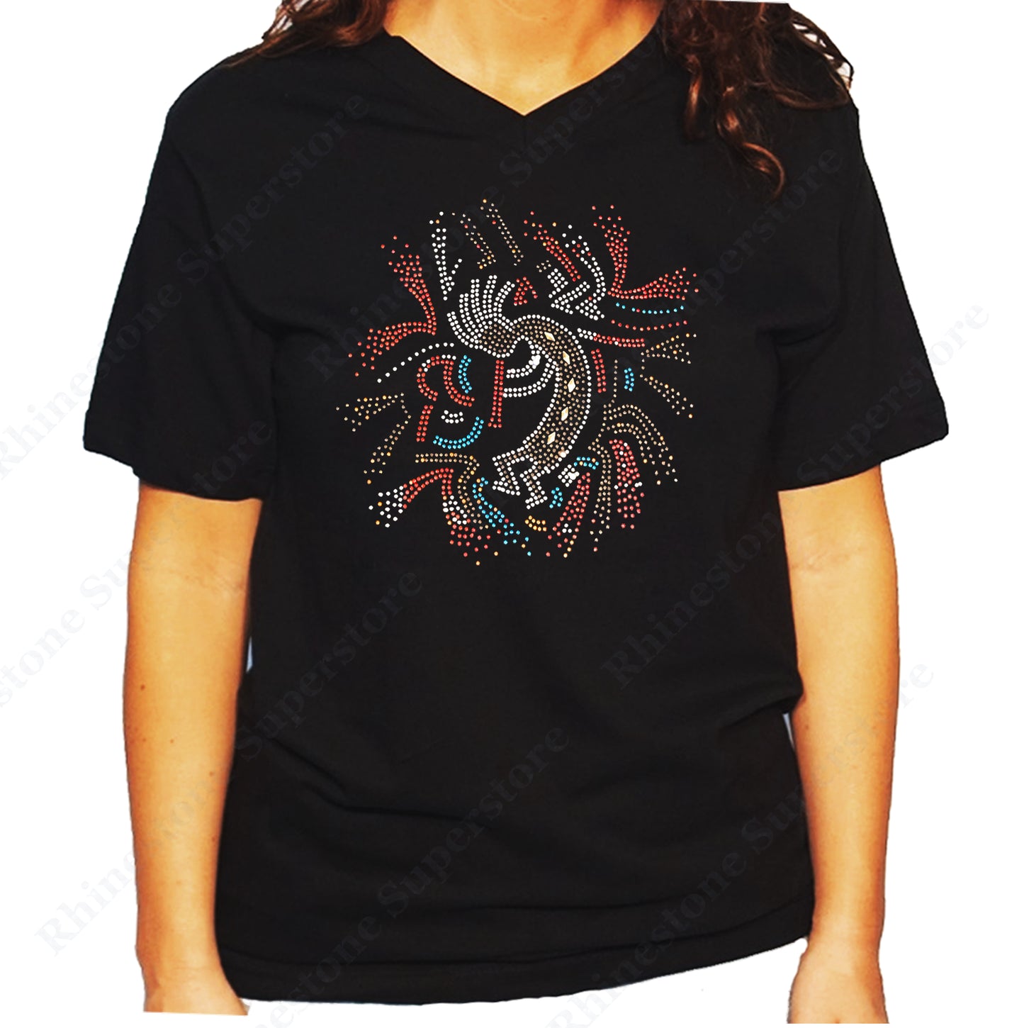 Women's / Unisex T-Shirt with Kokopelli Playing Flute in Rhinestones