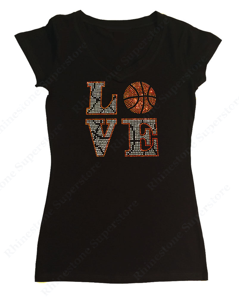 Womens T-shirt with Love Basketball in Rhinestones