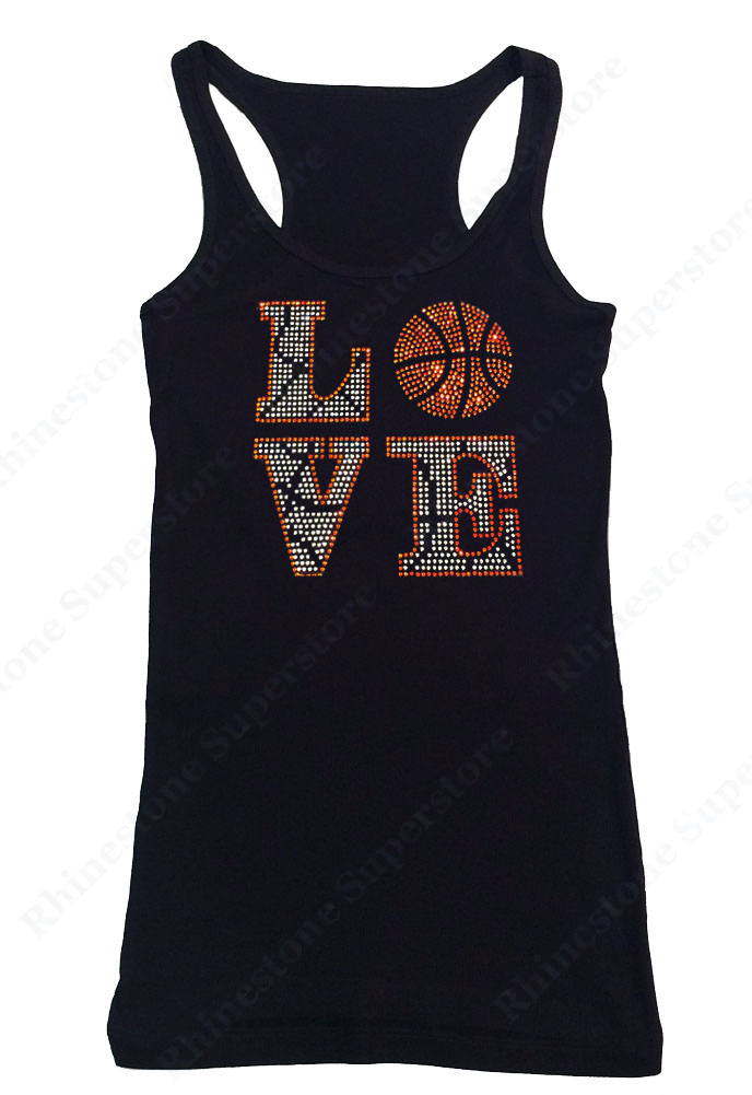 Womens T-shirt with Love Basketball in Rhinestones