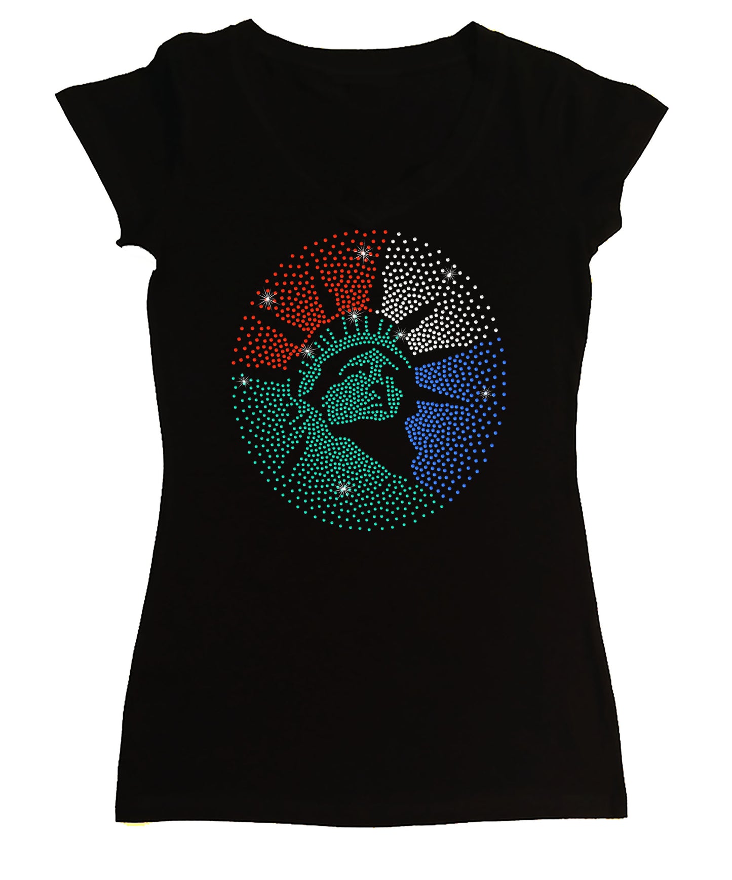 Women's Rhinestone Fitted Tight Snug Shirt Statue of Libery - Patriotic Shirt, USA, Lady Liberty