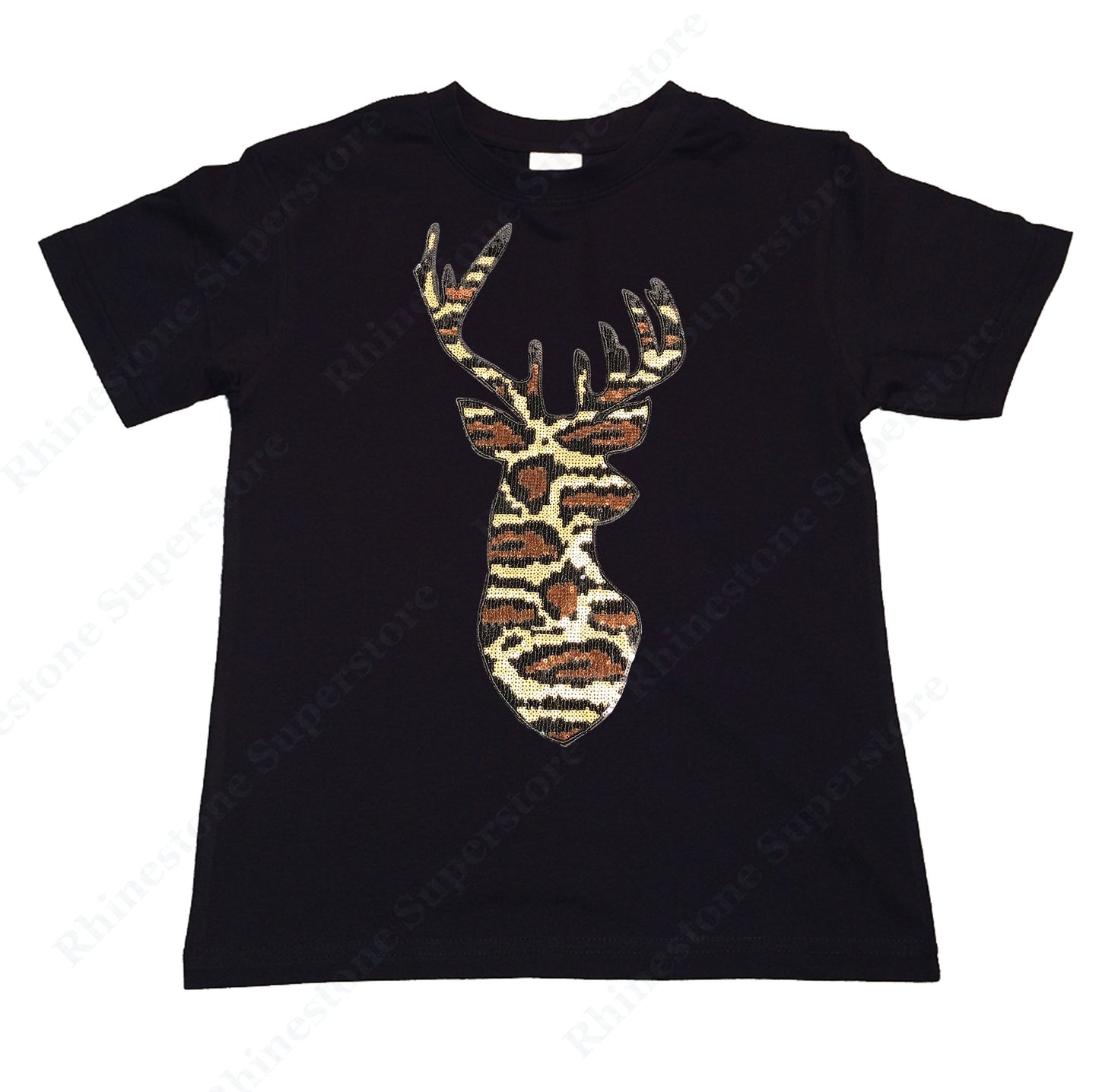 Girls Rhinestone T-Shirt " Leopard Print Reindeer in Sequence " Kids Size 3 to 14 Available