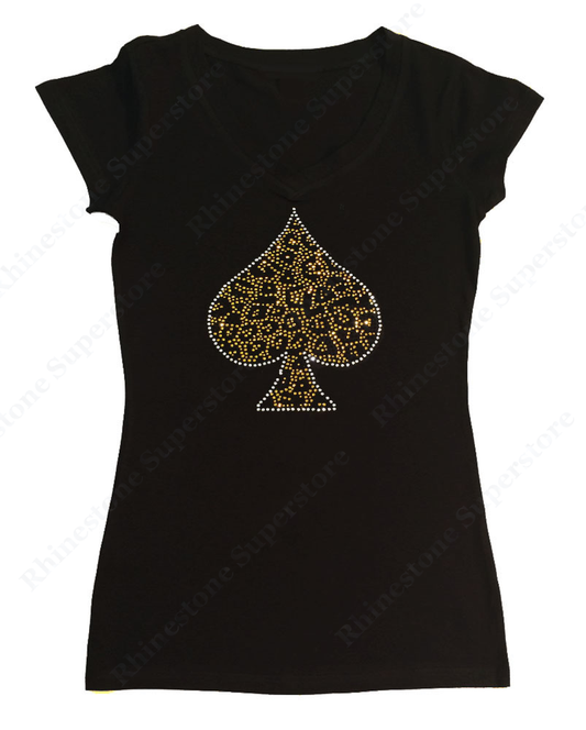 Womens T-shirt with Leopard Spade in Rhinestones