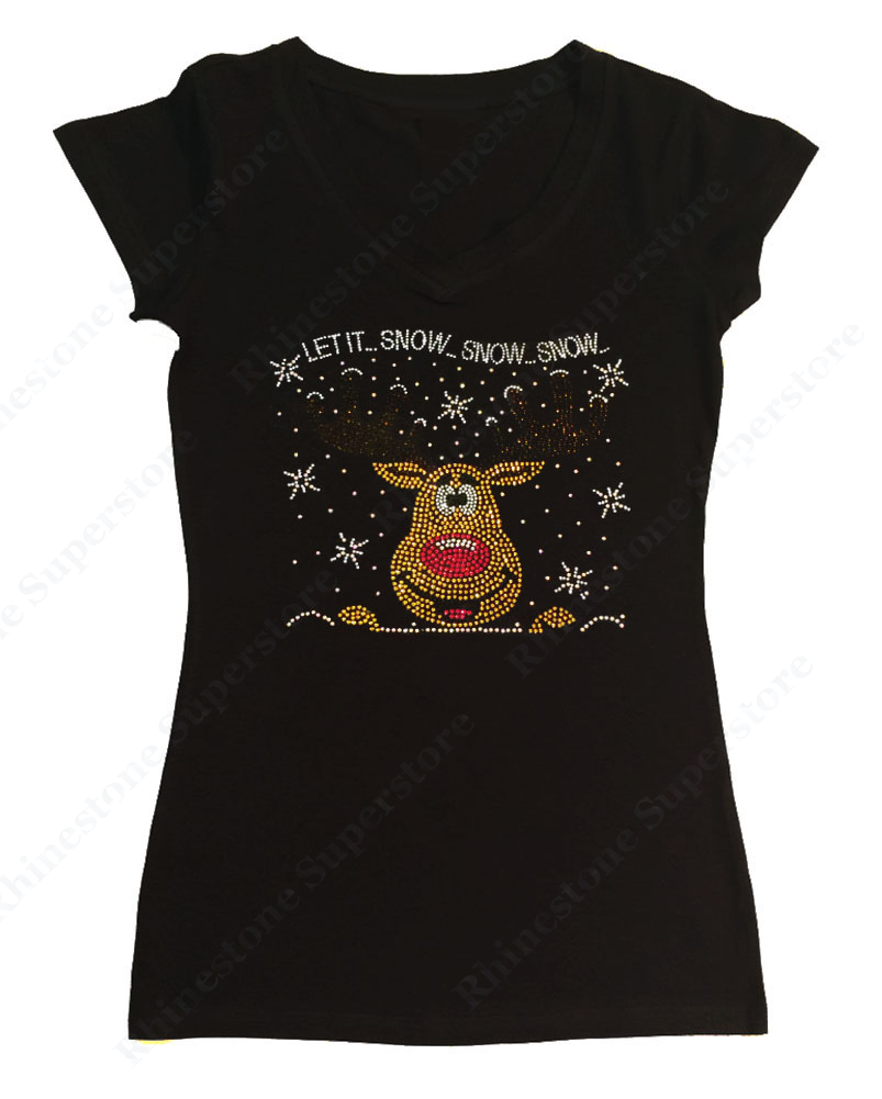 Womens T-shirt with Let It Snow Reindeer in Rhinestones