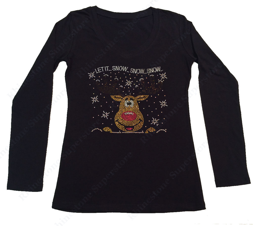 Womens T-shirt with Let It Snow Reindeer in Rhinestones