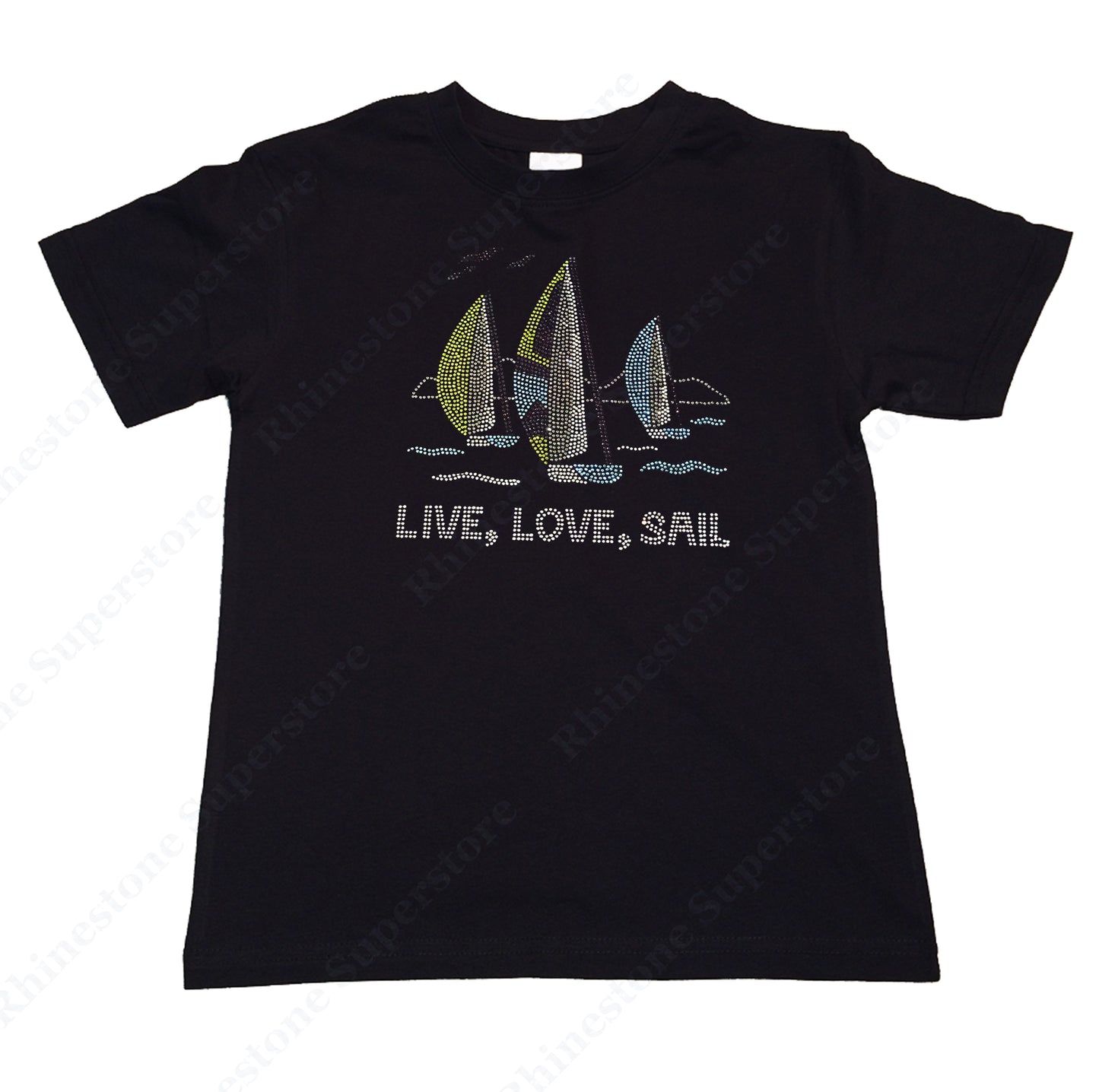 Girls Rhinestone T-Shirt " Live, Love, Sail in Rhinestones Sailboat " Kids Size 3 to 14 Available