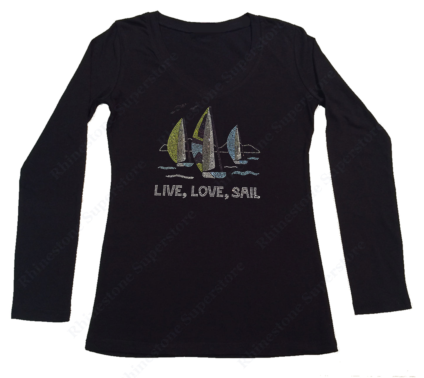 Womens T-shirt with Live Love Sail in Rhinestones Sailboat