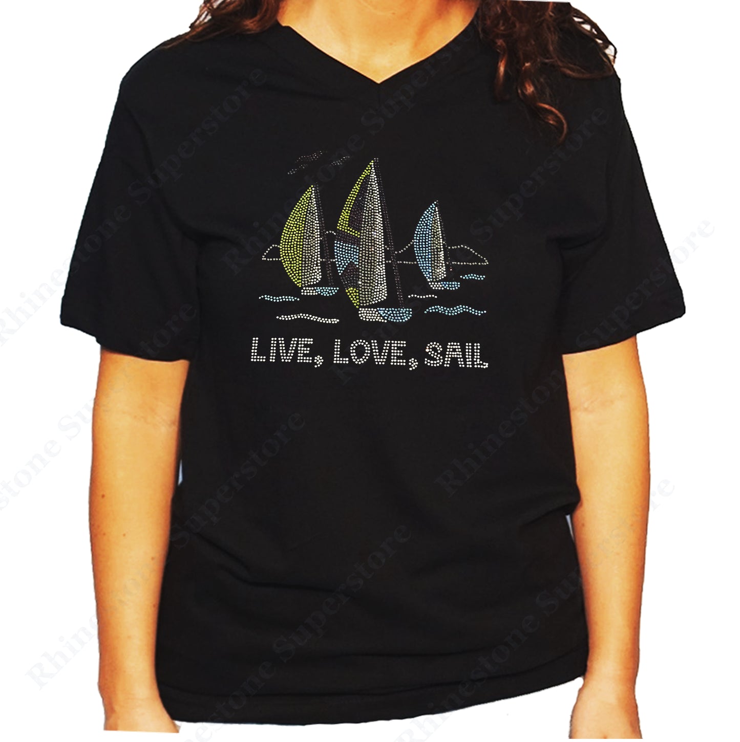 Women's / Unisex T-Shirt with Live Love Sail in Rhinestones Sailboat
