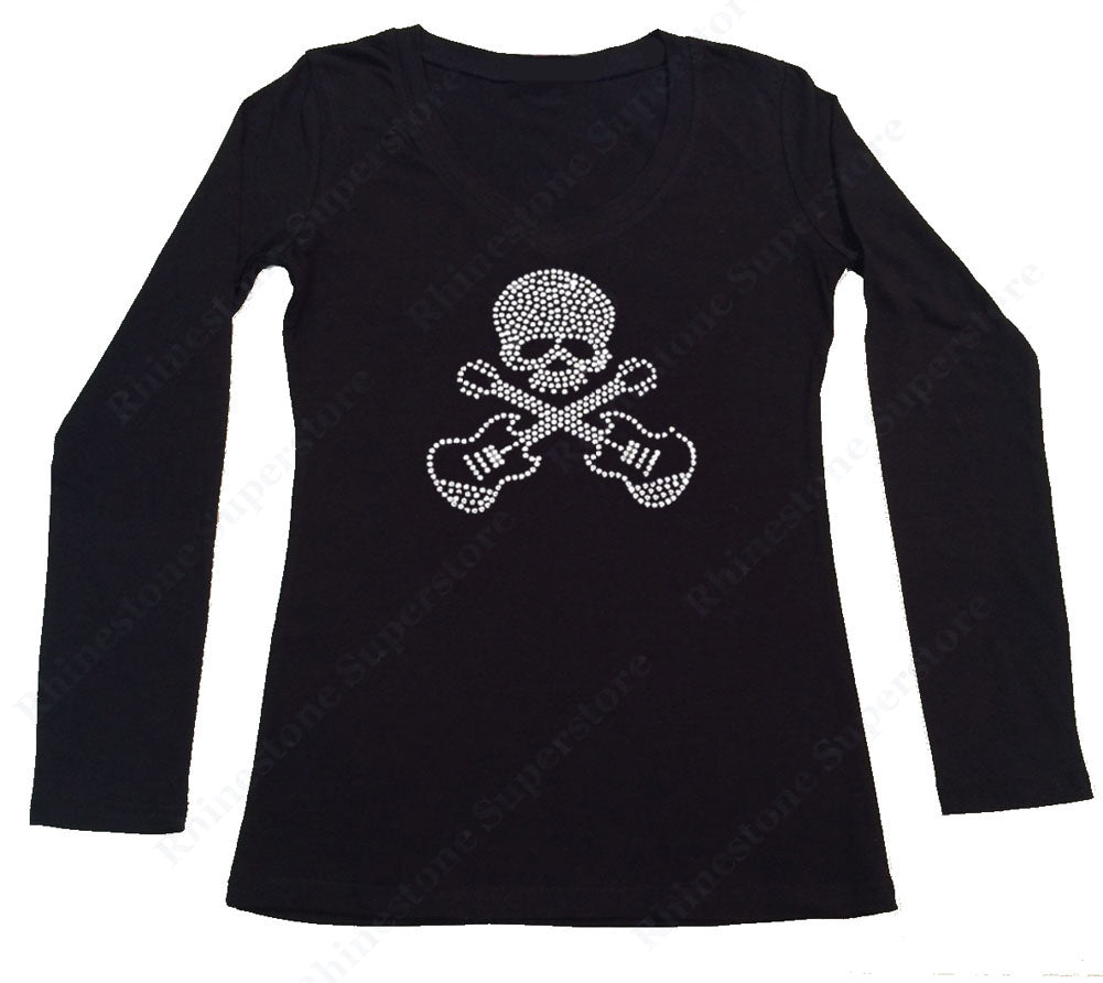 Womens T-shirt with Skull with Guitars in Rhinestones