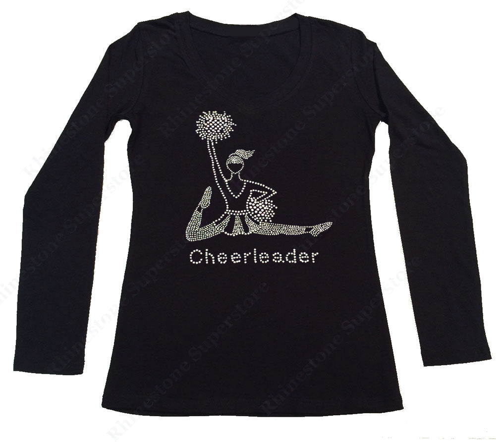 Womens T-shirt with Cheerleader with Pom Poms in Rhinestones