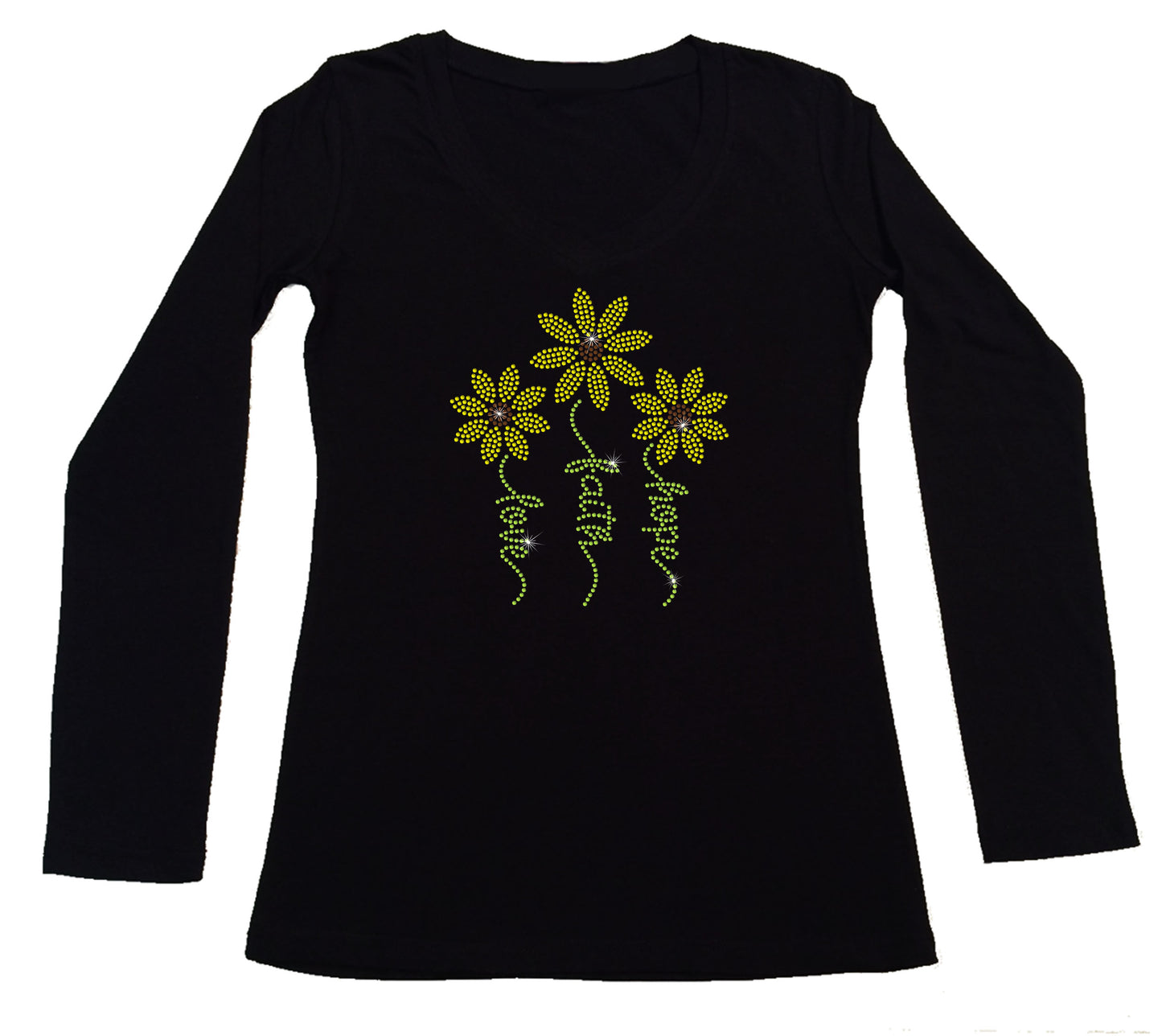Women's Rhinestone Fitted Tight Snug Shirt Love, Faith, Hope Daisies Flowers - Daisy Shirt