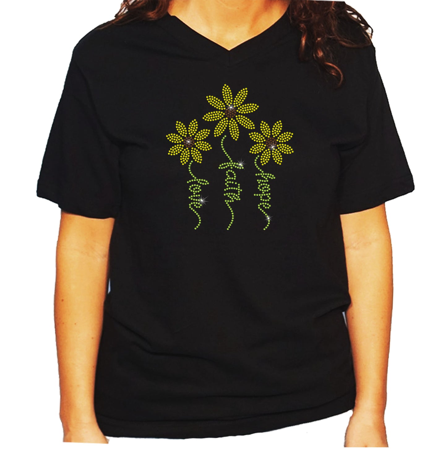 Women's/Unisex Rhinestone T-Shirt with Love, Faith, Hope Daisies Flowers - Daisy Shirt