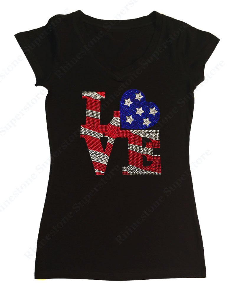Womens T-shirt with Color Love 4th of July in Rhinestones