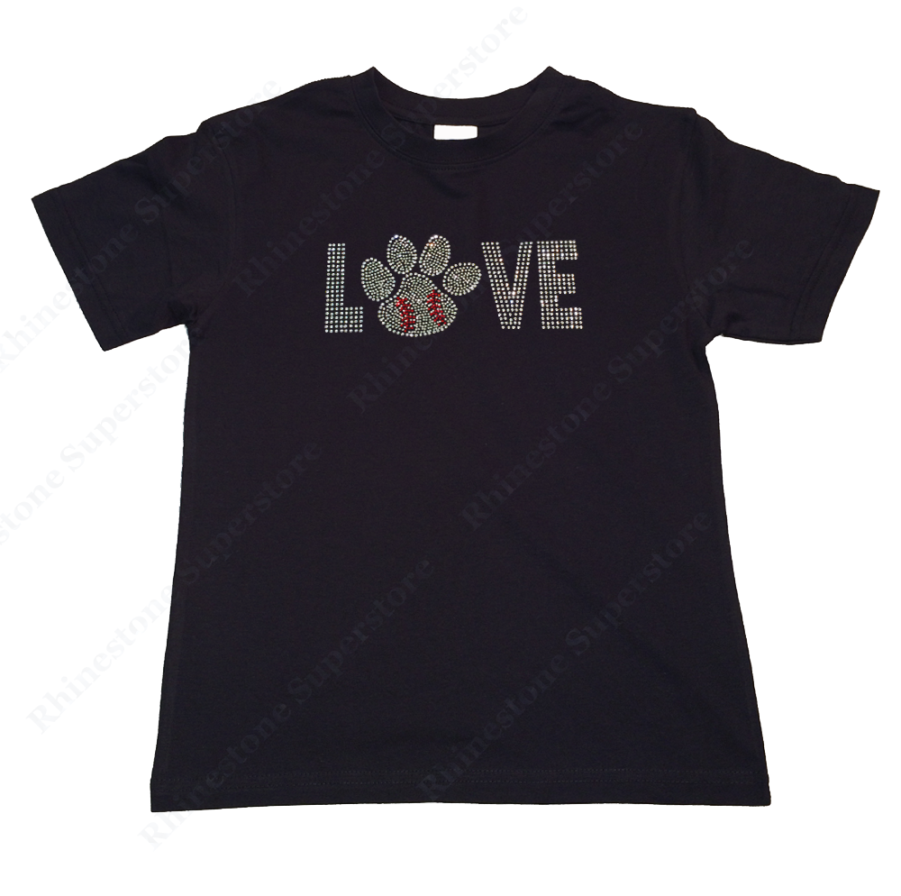 Girls Rhinestone T-Shirt " Love Baseball Paw " Kids Size 3 to 14 Available, Sports Bling