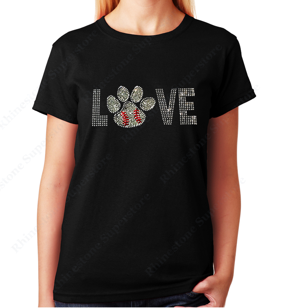Women Unisex T-Shirt with Love Baseball Paw in Rhinestones Crew Neck