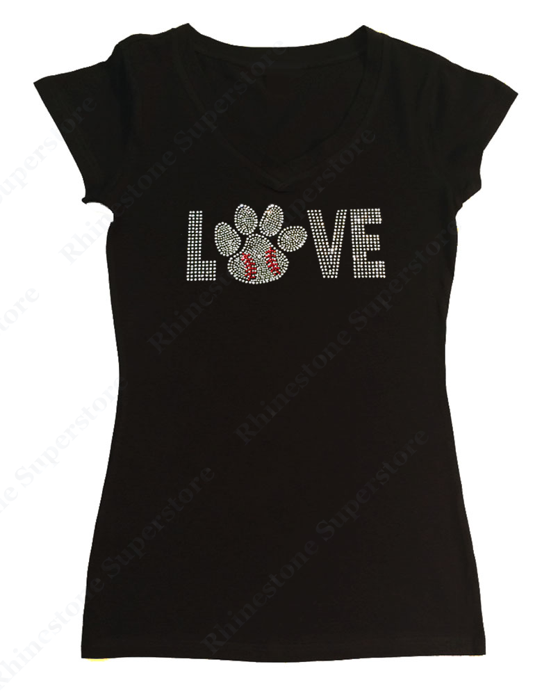 Womens T-shirt with Love Baseball Paw in Rhinestones