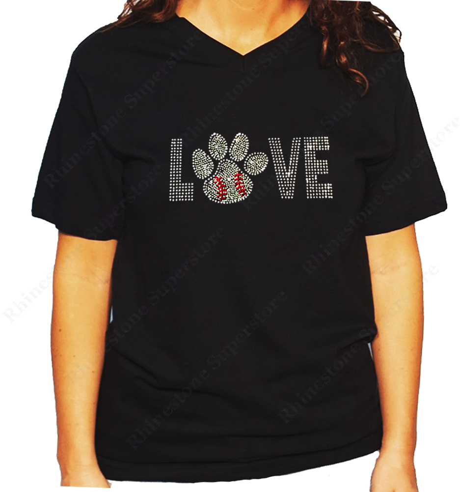 Women Unisex T-Shirt with Love Baseball Paw in Rhinestones V Neck