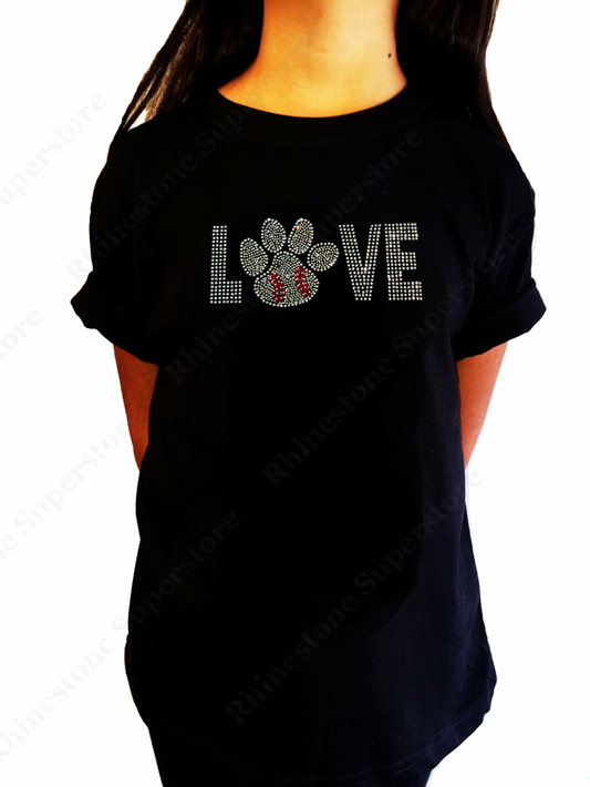 Girls Rhinestone T-Shirt " Love Baseball Paw " Kids Size 3 to 14 Available, Sports Bling