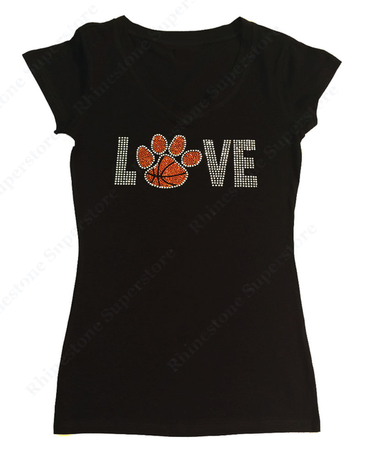 Womens T-shirt with Love Basketball Paw in Rhinestones