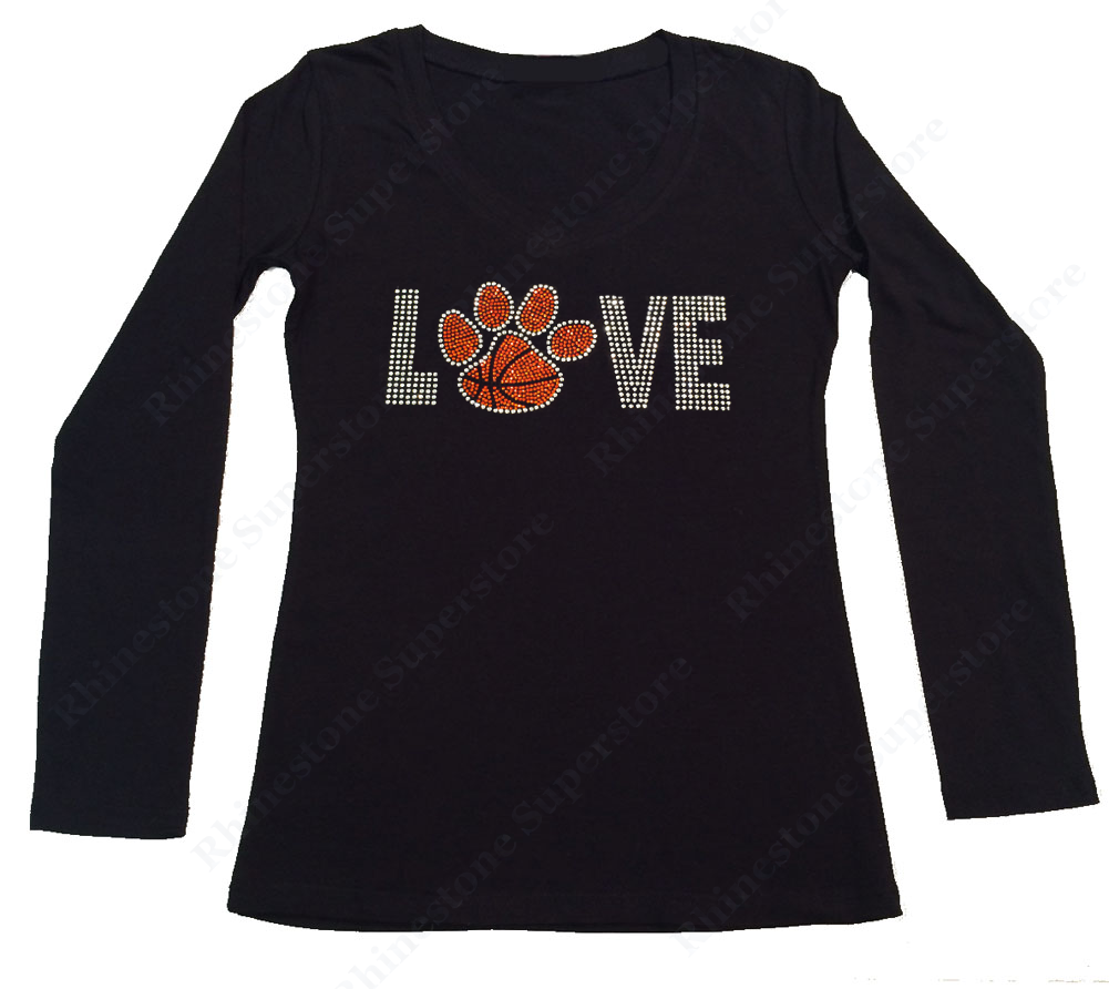 Womens T-shirt with Love Basketball Paw in Rhinestones