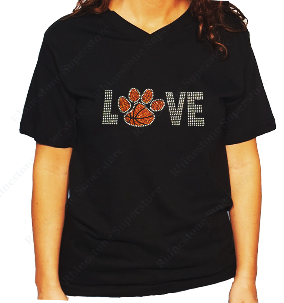 Women Unisex T-Shirt with Love Basketball Paw in Rhinestones V Neck