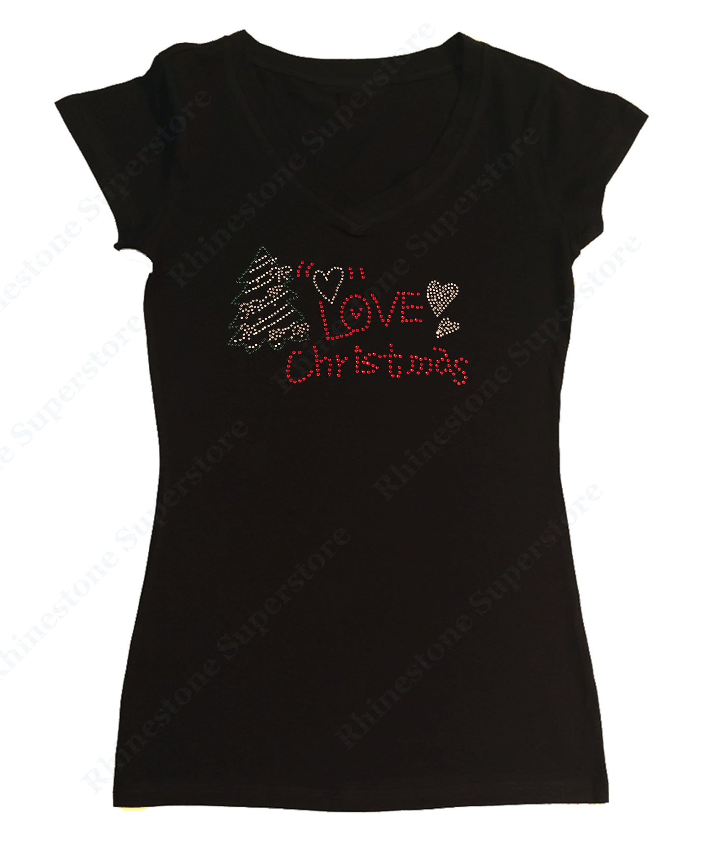 Womens T-shirt with Love Christmas with Tree in Rhinestones