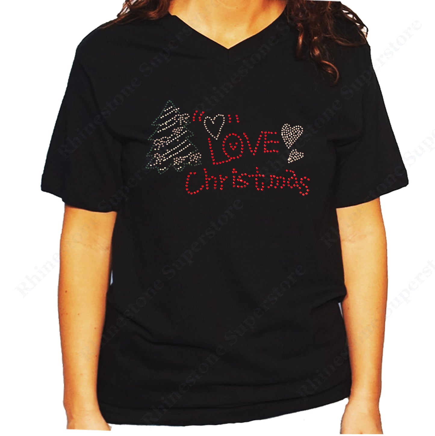 Women's / Unisex T-Shirt with Love Christmas with Tree in Rhinestones