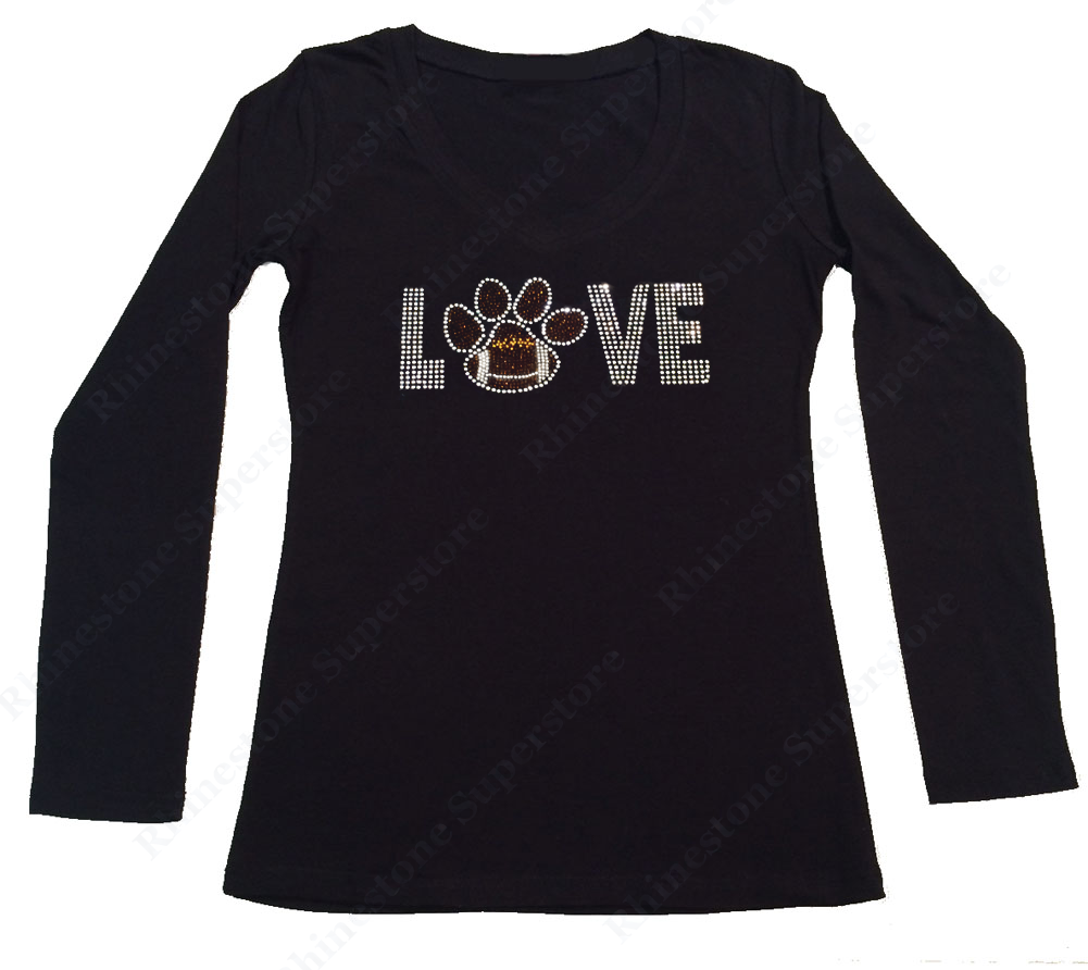 Womens T-shirt with Love Football Paw in Rhinestones