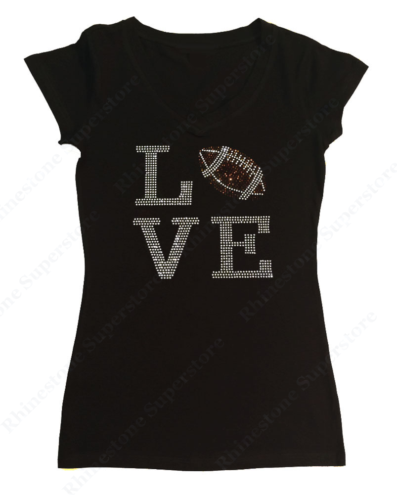 Womens T-shirt with Love Football in Rhinestones