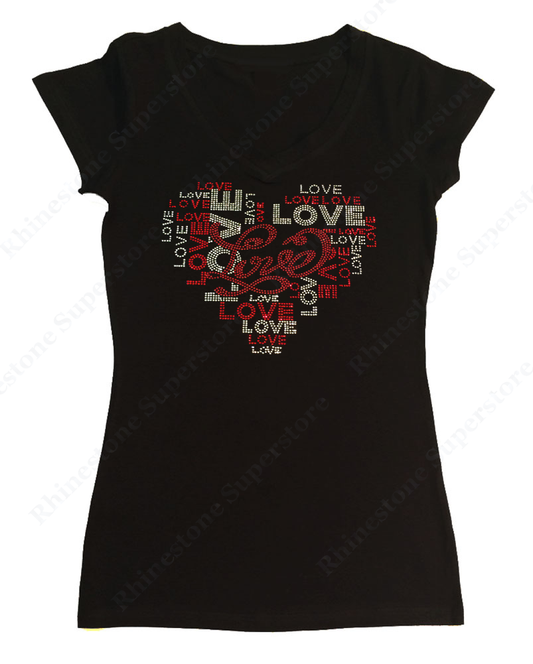 Womens T-shirt with Love Heart in Rhinestones and Rhinestuds