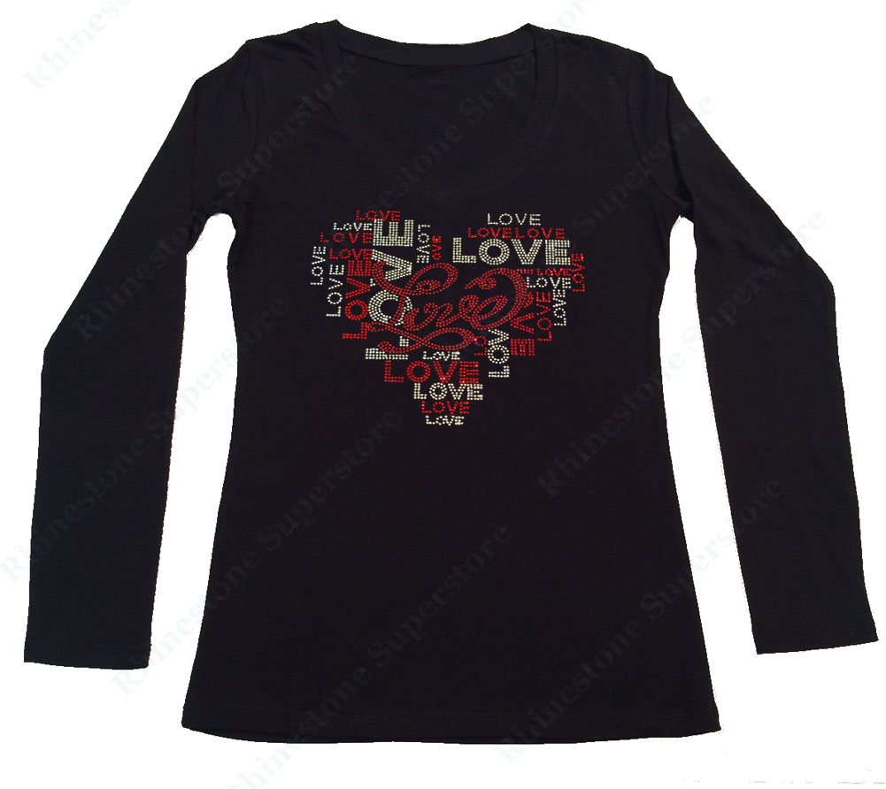 Womens T-shirt with Love Heart in Rhinestones and Rhinestuds