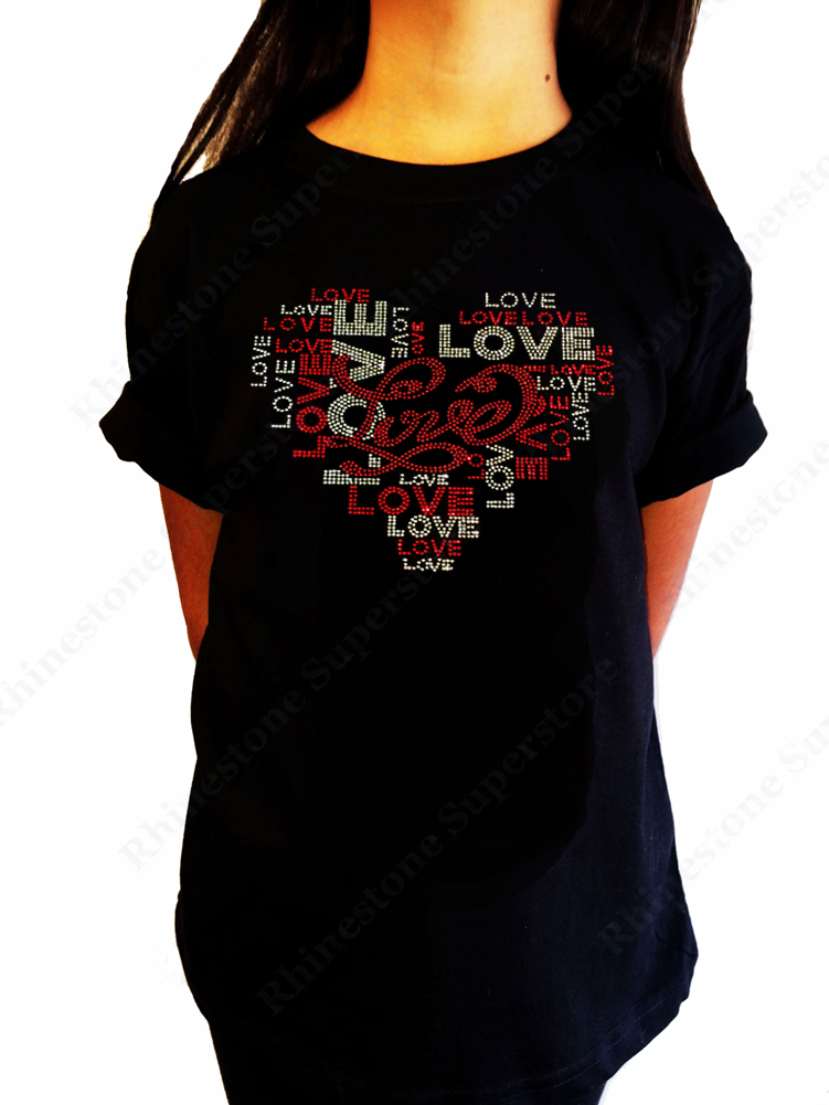 Girls Rhinestone & Rhinestud T-Shirt " Love Heart " Size 3 to 14 Available