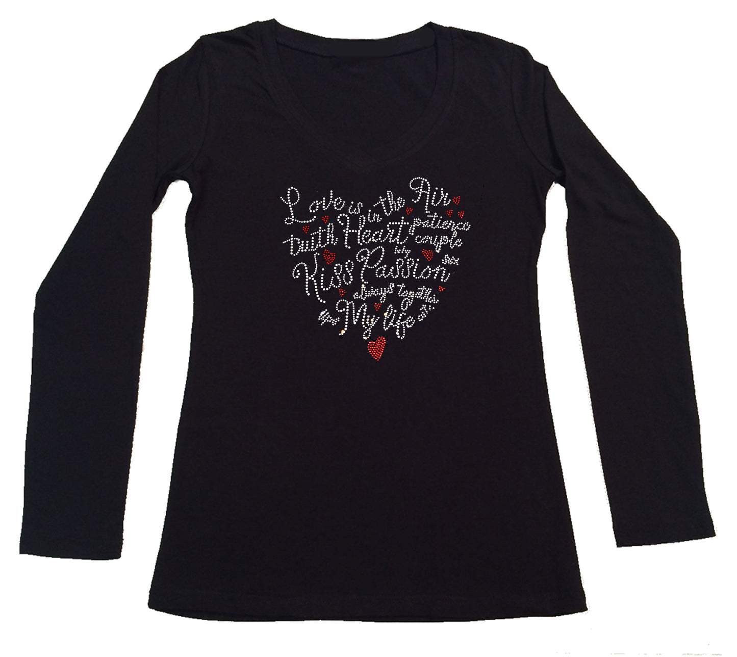 Womens T-shirt with Love Saying Heart in Rhinestones
