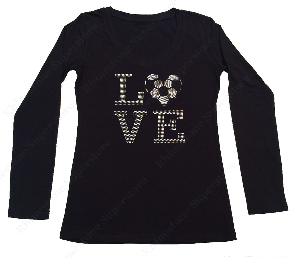Womens T-shirt with Love Soccer Ball Heart in Rhinestones