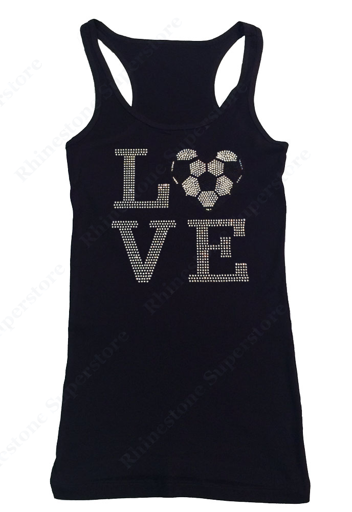 Womens T-shirt with Love Soccer Ball Heart in Rhinestones