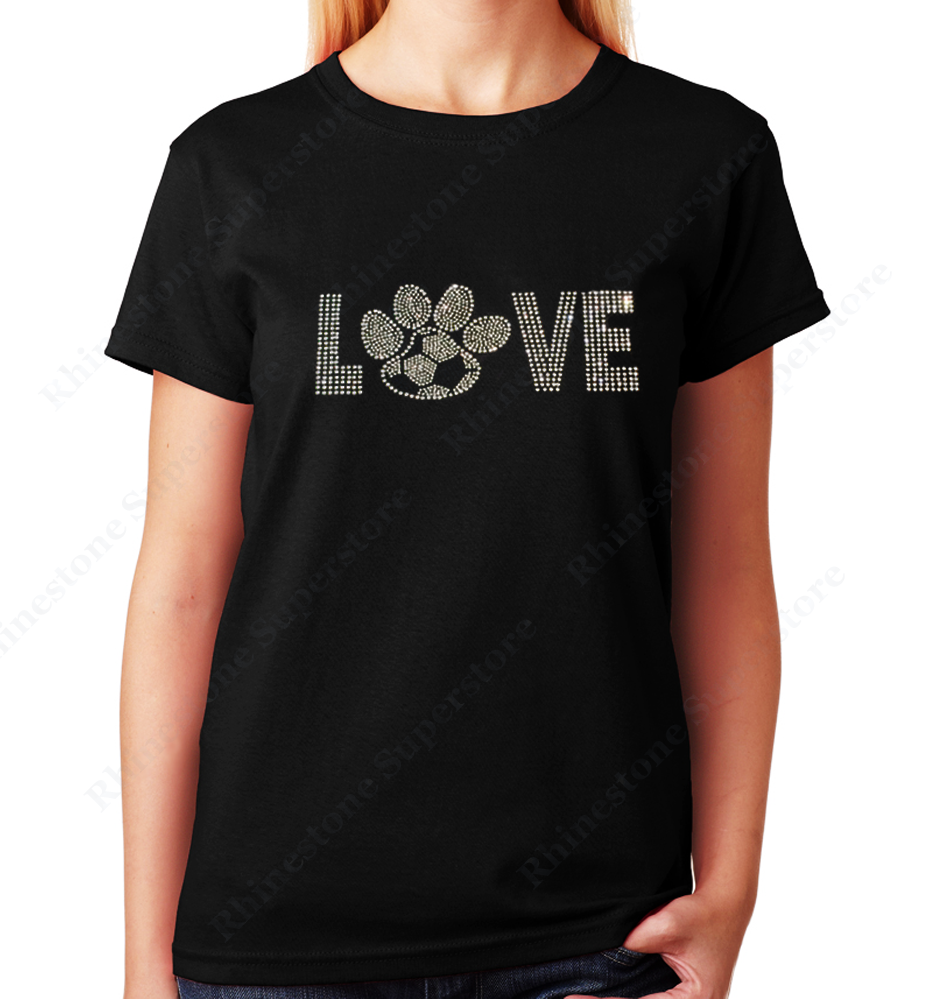 Women Unisex T-Shirt with Love Soccer Paw in Rhinestones Crew Neck