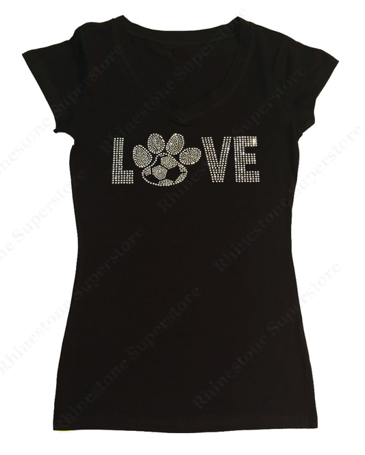 Womens T-shirt with Love Soccer Paw in Rhinestones