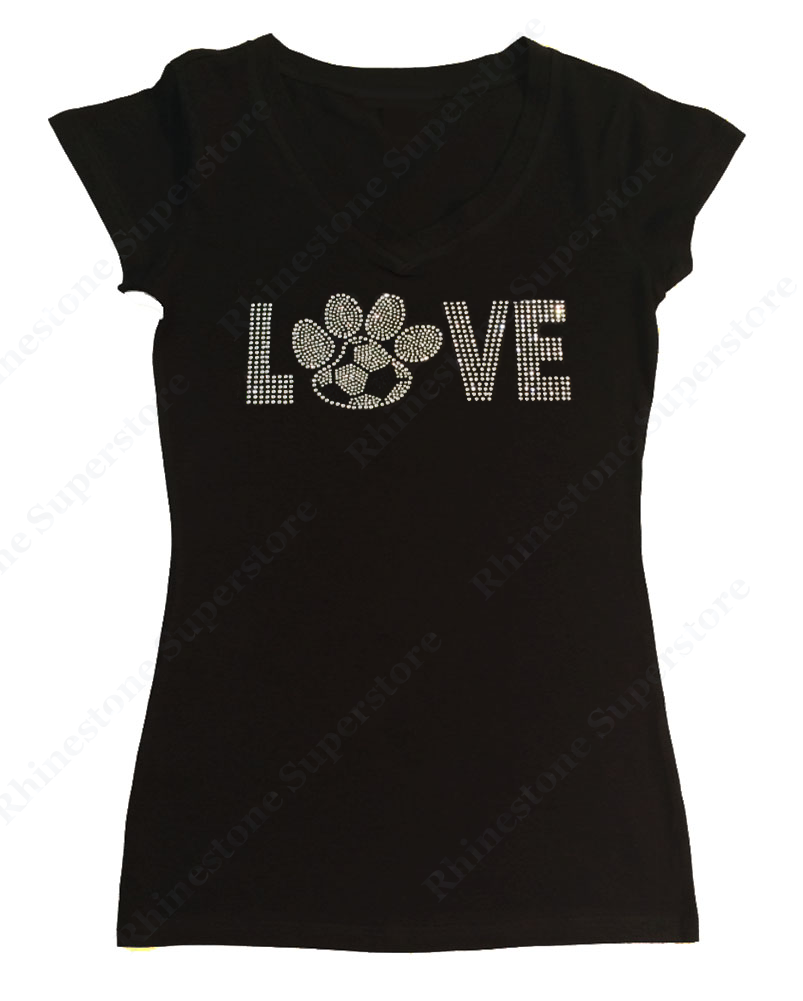 Womens T-shirt with Love Soccer Paw in Rhinestones