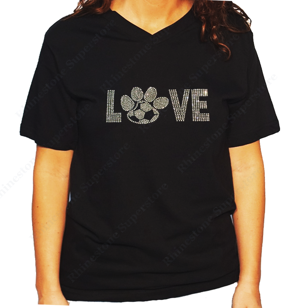 Women Unisex T-Shirt with Love Soccer Paw in Rhinestones V Neck
